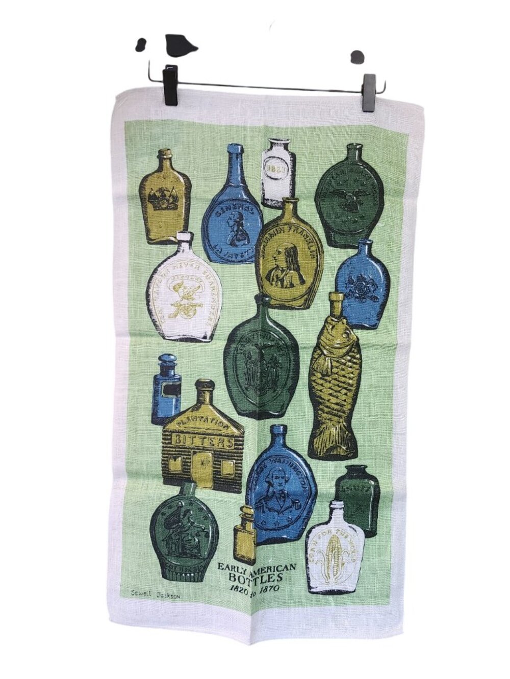 Vintage Kay Dee 100% Linen Tea Towel by Kay Dee Pictorial Early American bottles